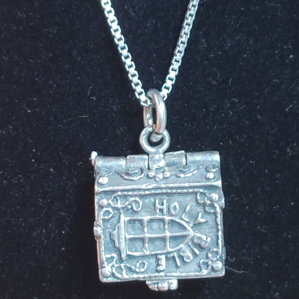 Sterling Silver Hinged Holy Bible w/ Angel & Baby Jesus Pendant Locket/ Necklace